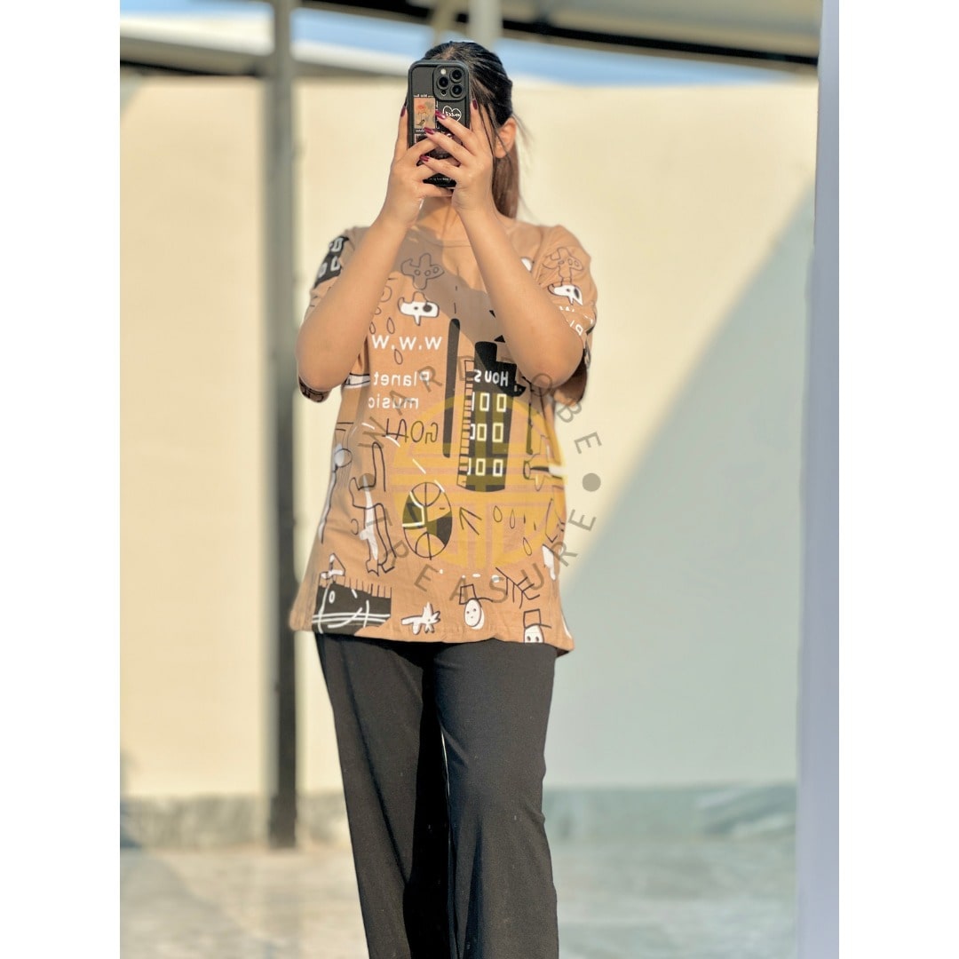 Beige Multi Printed Casual PJ Set For Her