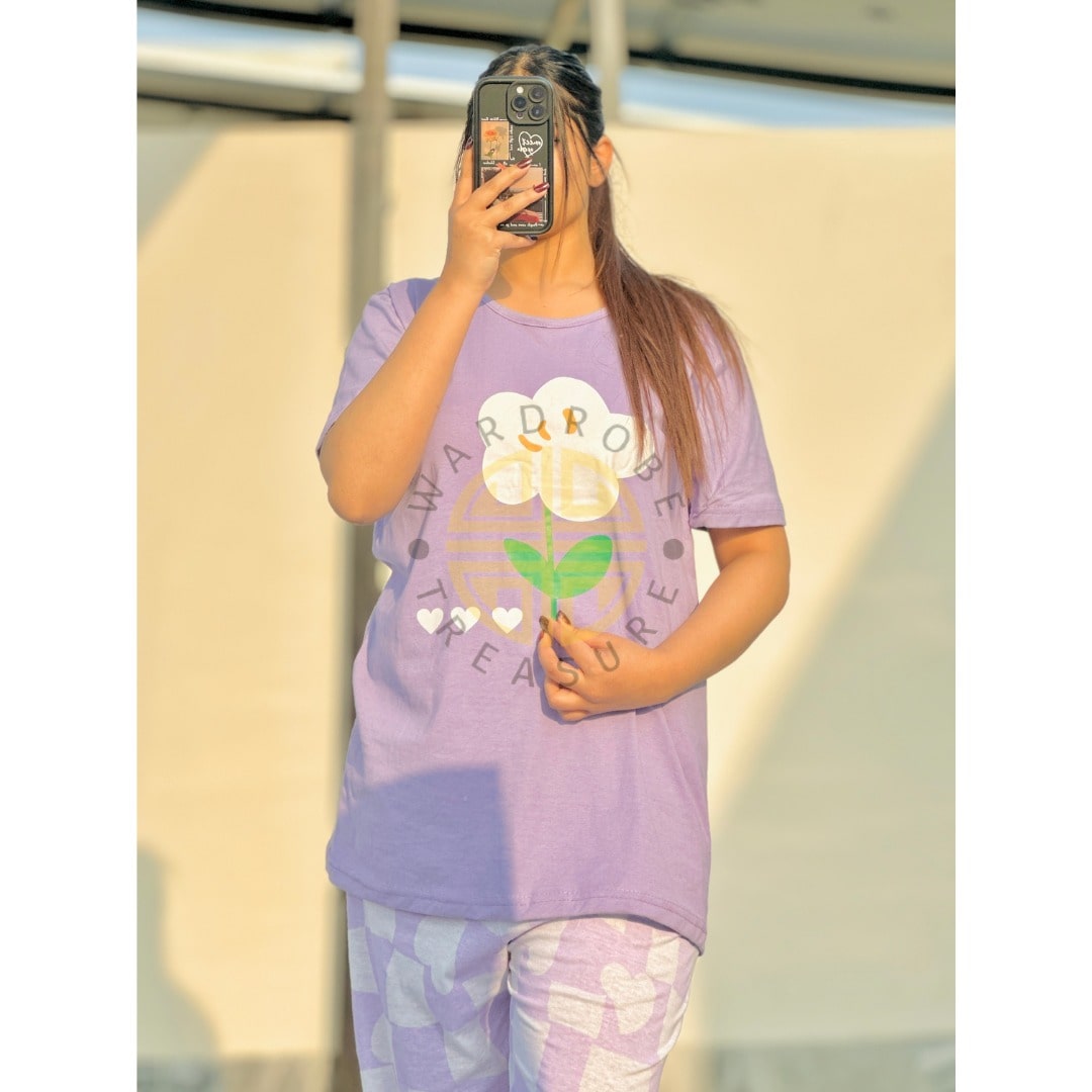 Lilac Flower & Hearts with White Square Printed PJ Set For Her