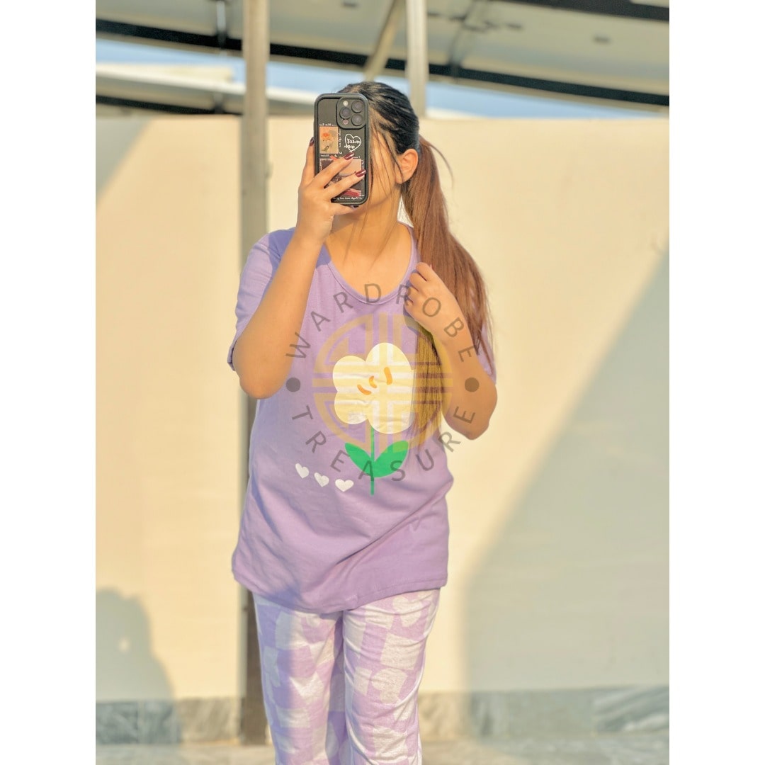 Lilac Flower & Hearts with White Square Printed PJ Set For Her
