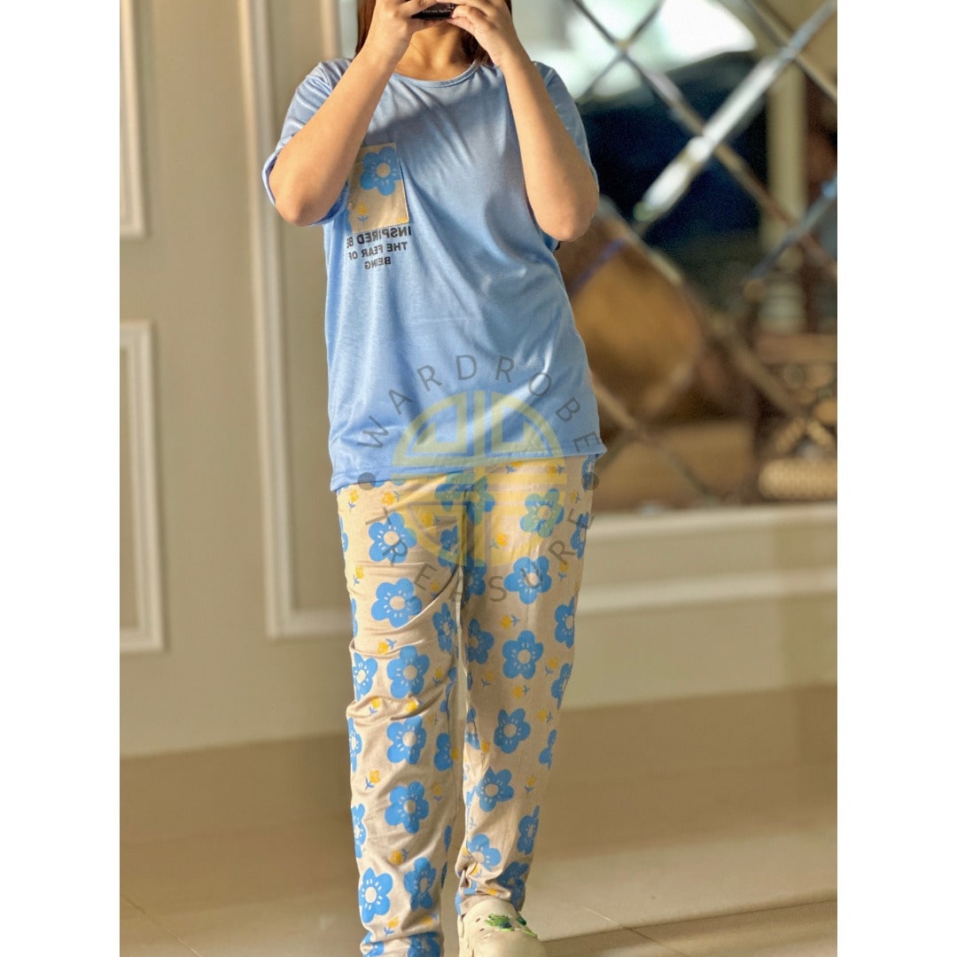 Light Blue Floral Pocket with White Floral Printed PJ Set For Her