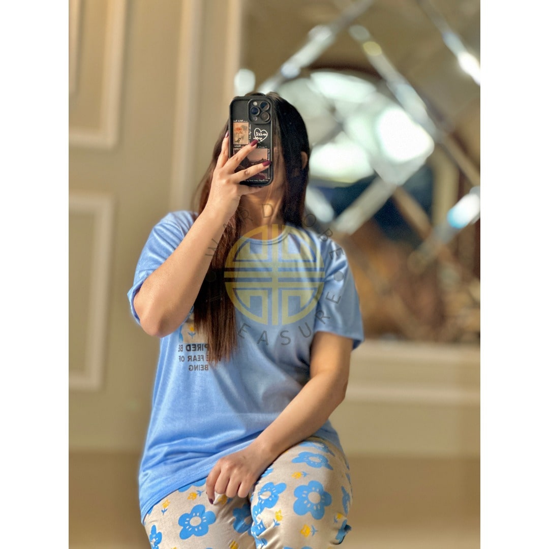 Light Blue Floral Pocket with White Floral Printed PJ Set For Her