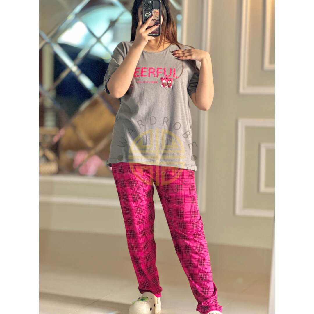 Grey Cheerful with Red Cheq Printed Casual PJ Set For Her