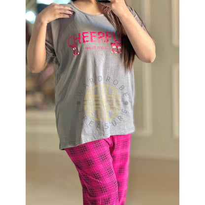 Grey Cheerful with Red Cheq Printed Casual PJ Set For Her