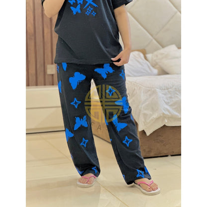 Black with Blue Heart Butterfly Printed PJ Set For Her