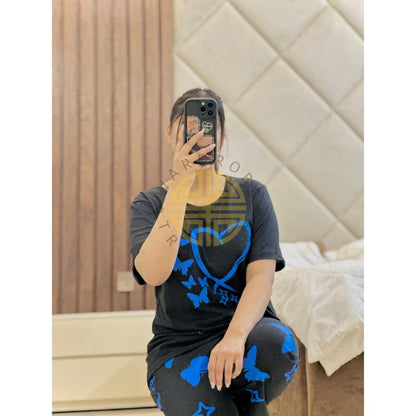 Black with Blue Heart Butterfly Printed PJ Set For Her