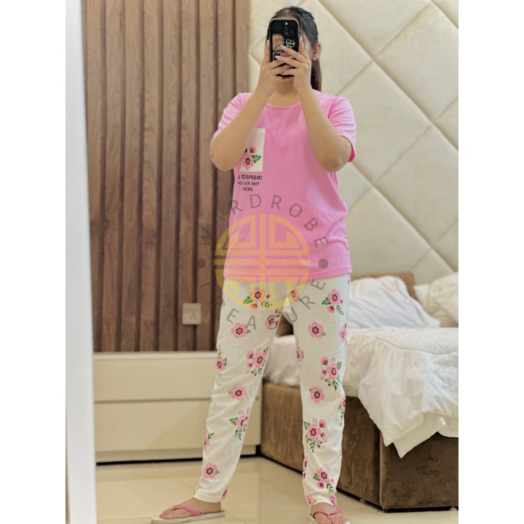Baby Pink Floral Pocket with White Floral Printed PJ Set For Her