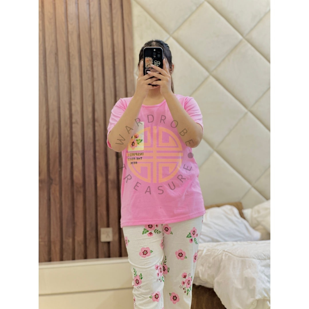 Baby Pink Floral Pocket with White Floral Printed PJ Set For Her