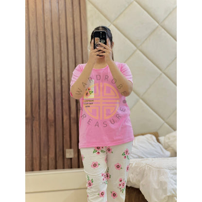 Baby Pink Floral Pocket with White Floral Printed PJ Set For Her