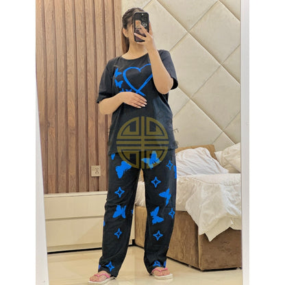 Black with Blue Heart Butterfly Printed PJ Set For Her