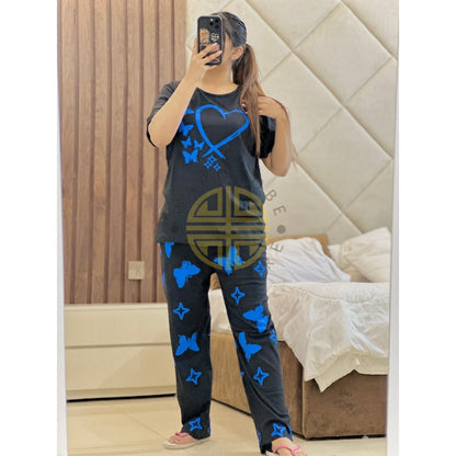 Black with Blue Heart Butterfly Printed PJ Set For Her