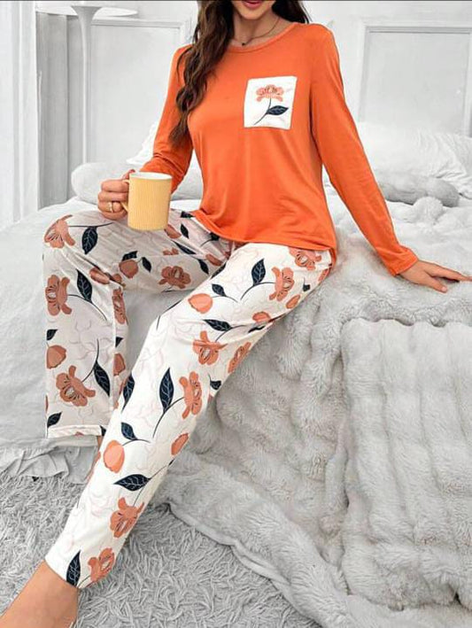 Orange Floral Pocket Full Sleeve Printed PJ Set For Her