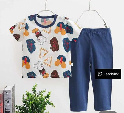 White Multi Bears Half Sleeves T-Shirt with Navy Blue Pajama For Kids