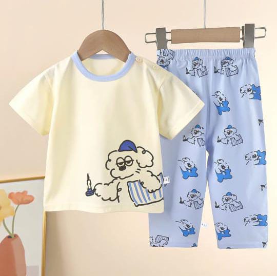 Off White Sleepy Puppy Printed Half Sleeves T-Shirt with Sky Blue Printed Pajama For Kids