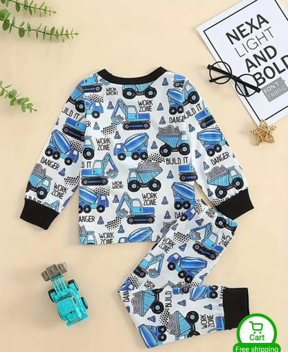 Off White Multi Trucks Full Sleeves Printed T-Shirt with Trucks Printed Pajama For Kids