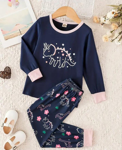 Navy Blue Hippo Full Sleeves Printed T-Shirt with Hippo Printed Pajama For Kids