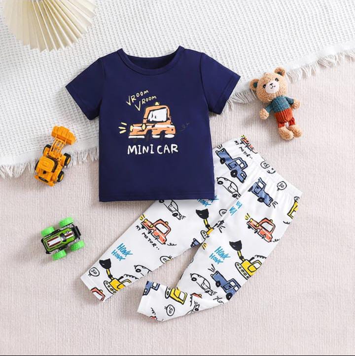 Navy Blue Mini Car Printed Half Sleeves T-Shirt with White Cars Printed Pajama For Kids