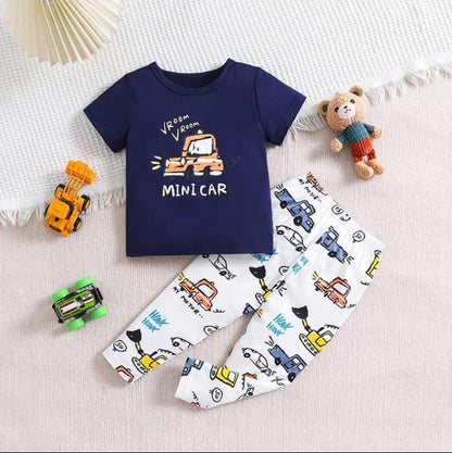 Navy Blue Mini Car Printed Half Sleeves T-Shirt with White Cars Printed Pajama For Kids