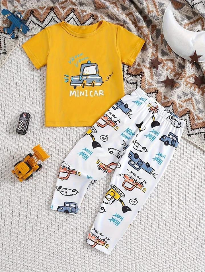 Yellow Mini Car Printed Half Sleeves T-Shirt with White Cars Printed Pajama For Kids