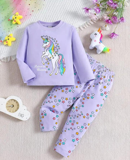 Lilac Unicorn Full Sleeves Printed T-Shirt with Multi Stars Printed Pajama For Kids