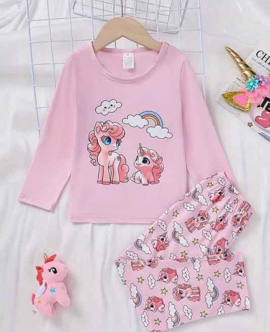 Baby Pink Unicorn with Rainbow Full Sleeves Printed T-Shirt with Rainbow Printed Pajama For Kids