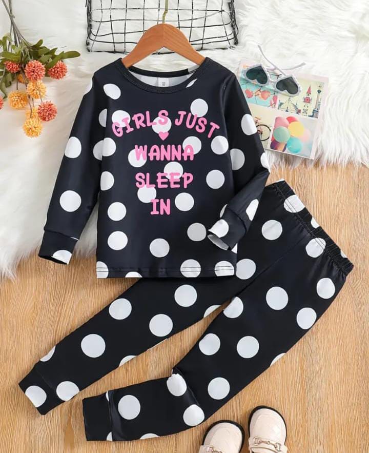 Black Wanna Sleep Full Sleeves Printed T-Shirt with Black Polka Dot Printed Pajama For Kids