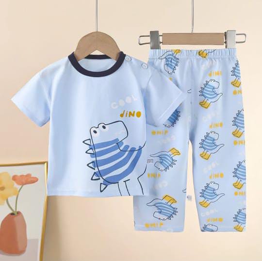 Sky Blue Cool Dino Printed Half Sleeves T-Shirt with Sky Blue Dino Printed Pajama For Kids