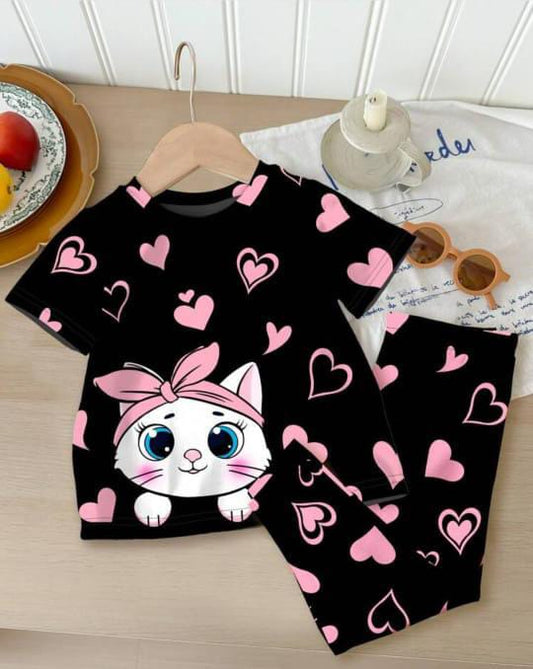 Black Kitty with Pink Hearts Printed Half Sleeve T-shirt with Heart Printed Pajama For Kids