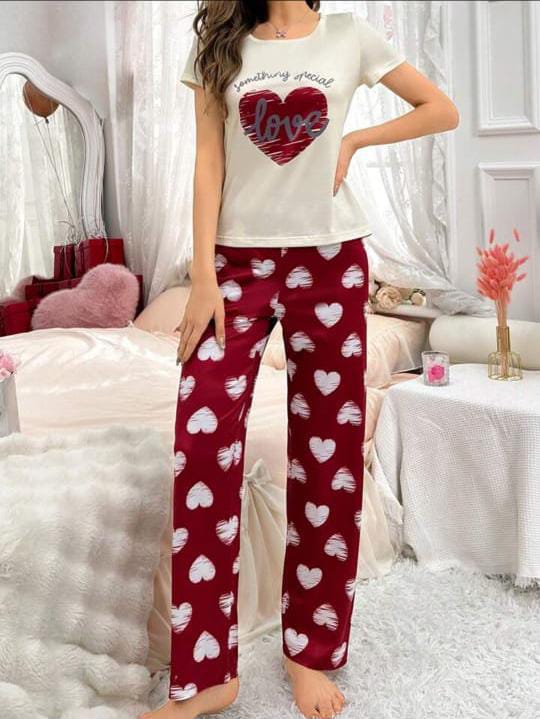 Off White Heart with Maroon Hearts Printed PJ Set For Her