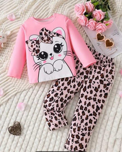 Pink Cute Kitty Full Sleeves Printed T-Shirt with Cheetah Printed Pajama For Kids