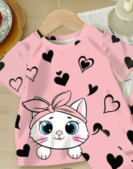 Pink Kitty with Black Hearts Printed Half Sleeve T-shirt with Heart Printed Pajama For Kids