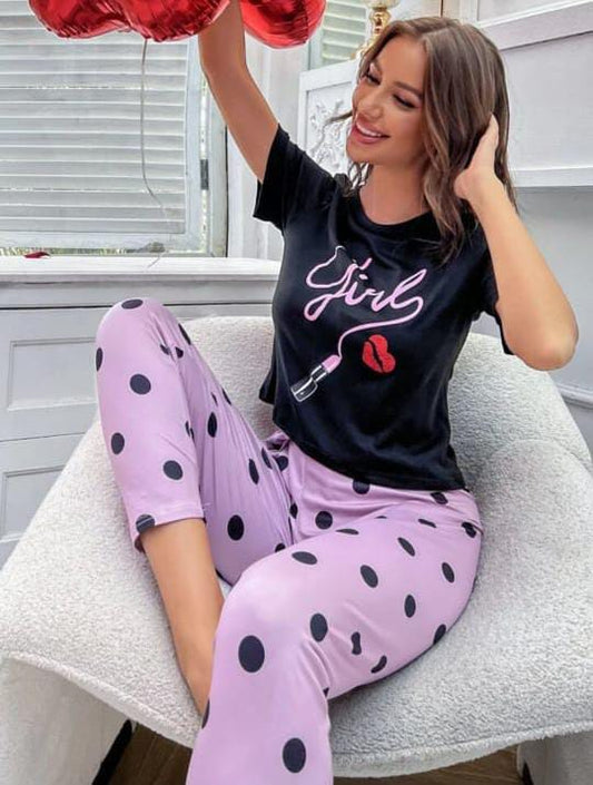 Black Girl with Lilac Polka Dot Printed PJ Set For Her