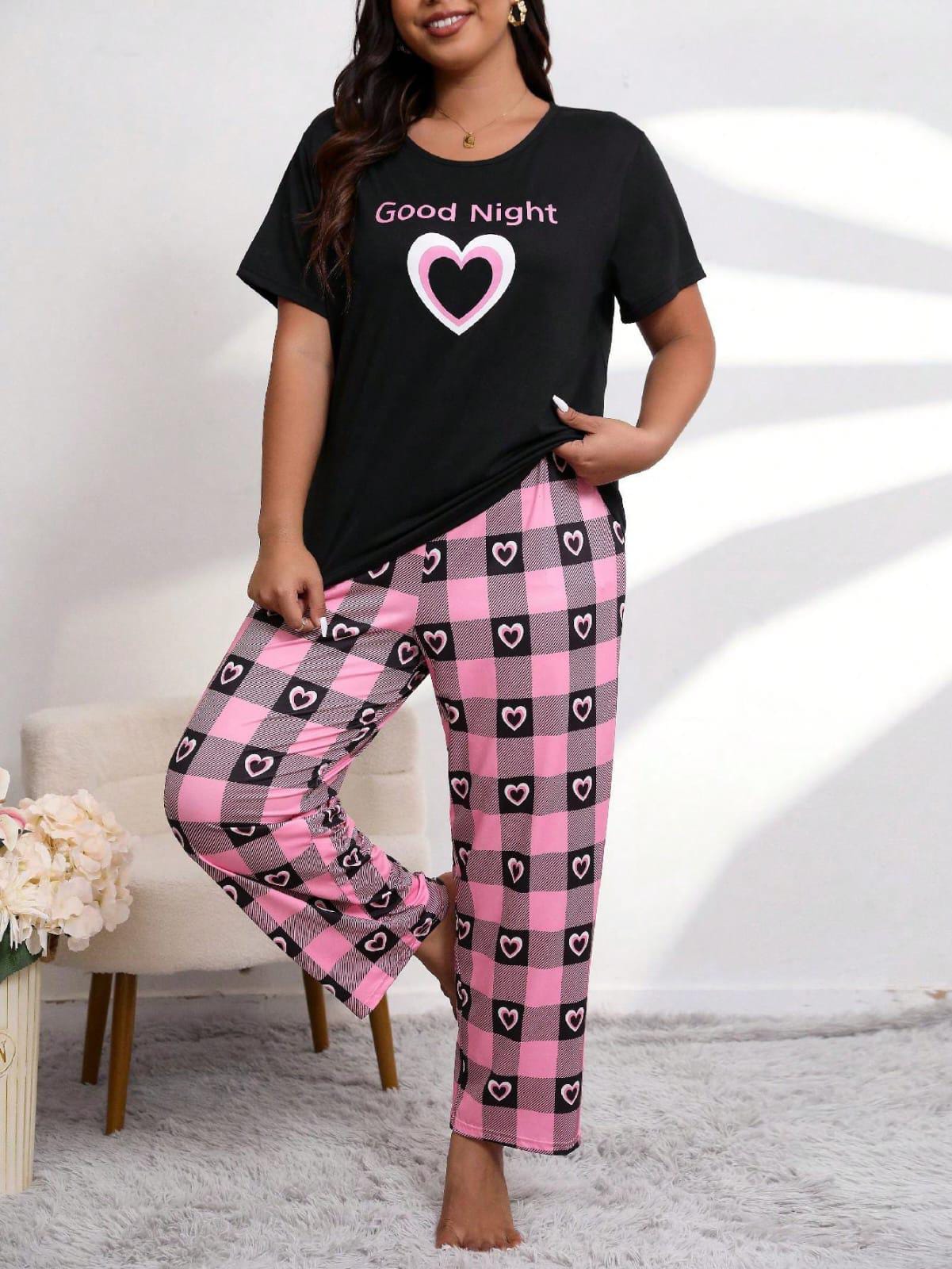 Black Good Night with Cheq Hearts Printed PJ Set For Her