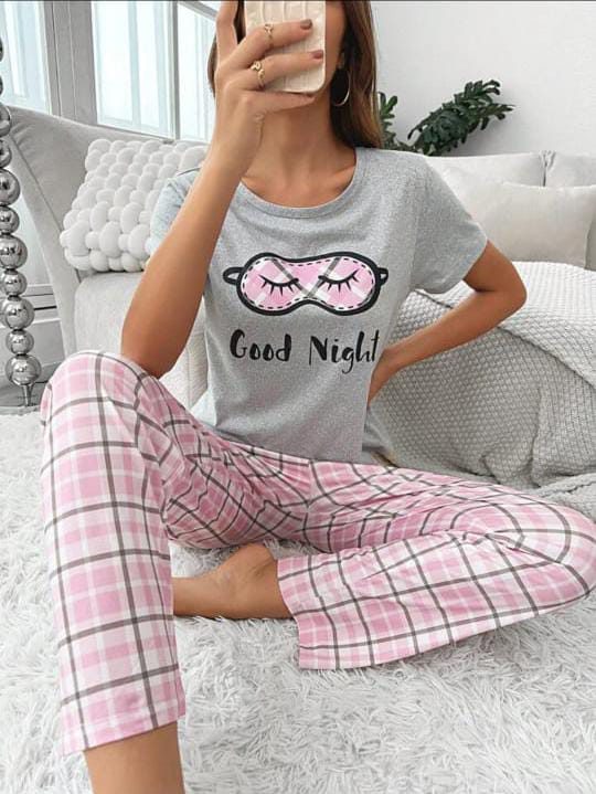 Grey Good Night with Pink Cheq Printed PJ Set For Her