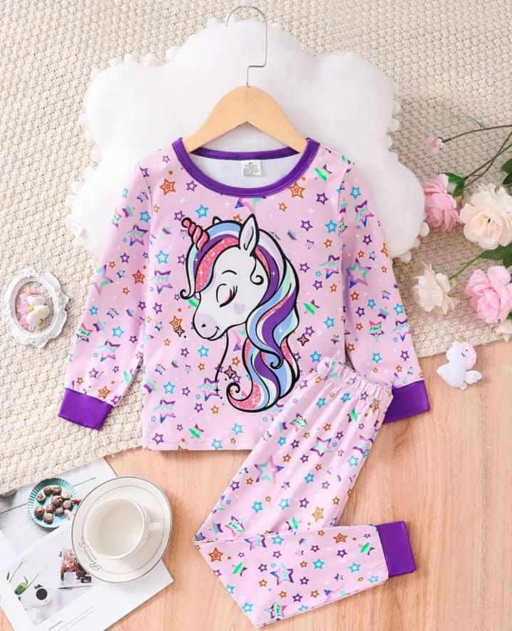 Purple Unicorn with Stars Printed Full Sleeves Kids Suit