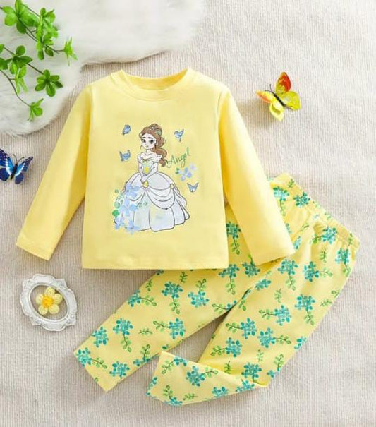 Yellow Princess with Flowers Printed Full Sleeves Kids Suit