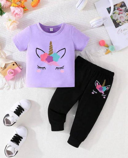 Purple Unicorn Eyes Printed Half Sleeves T-shirt with Black Pajama Kids Suit