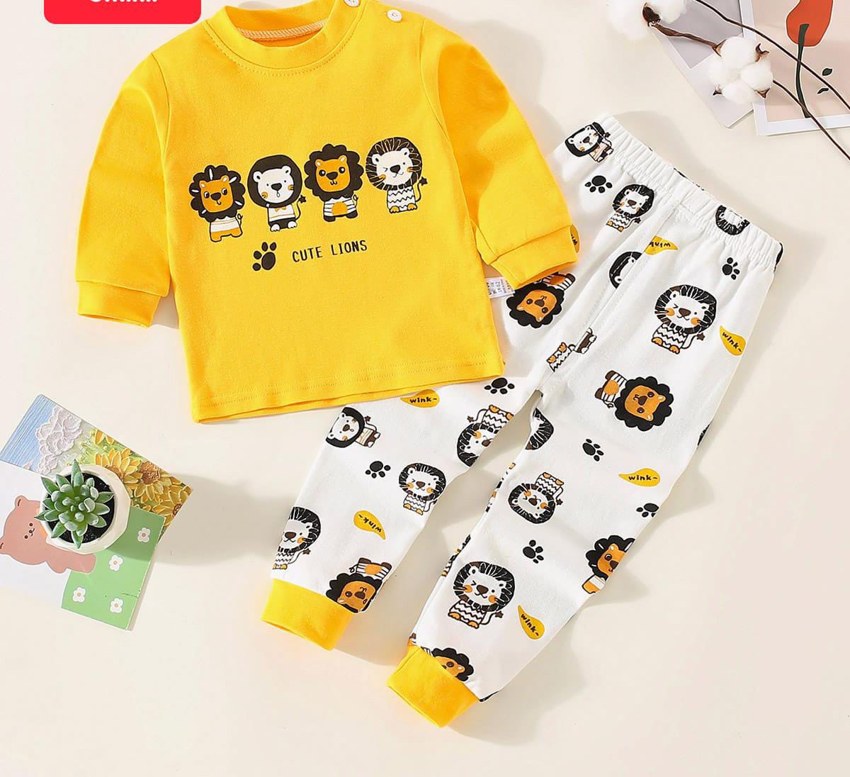 Yellow Cute Lion with White Lions Printed Full Sleeves Kids Suit