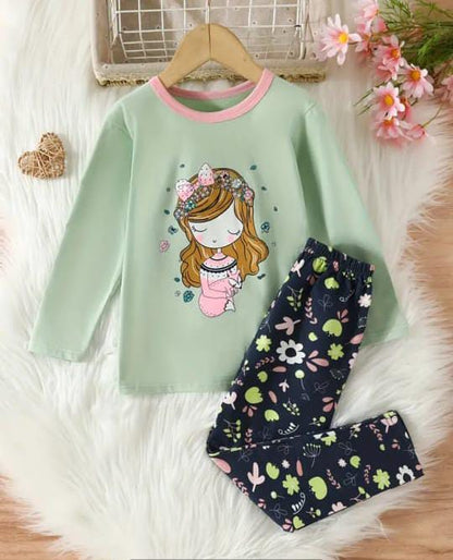 Green Princess with Flowers Printed Full Sleeves Kids Suit