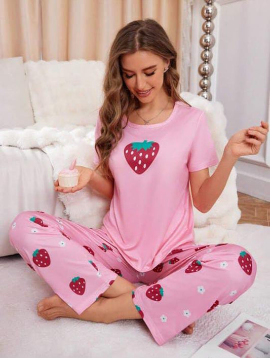 Baby Pink Strawberry with Strawberries Printed PJ Set For Her