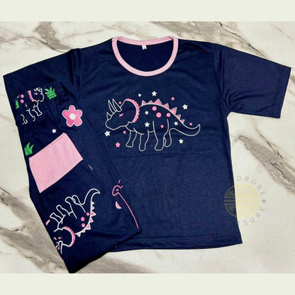 Navy Blue Hippo Half Sleeves Printed T-Shirt with Hippo Printed Pajama For Kids
