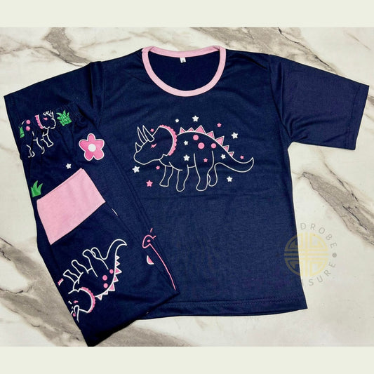 Navy Blue Hippo Half Sleeves Printed T-Shirt with Hippo Printed Pajama For Kids