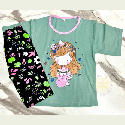 Green Princess with Flowers Printed Half Sleeves Kids Suit