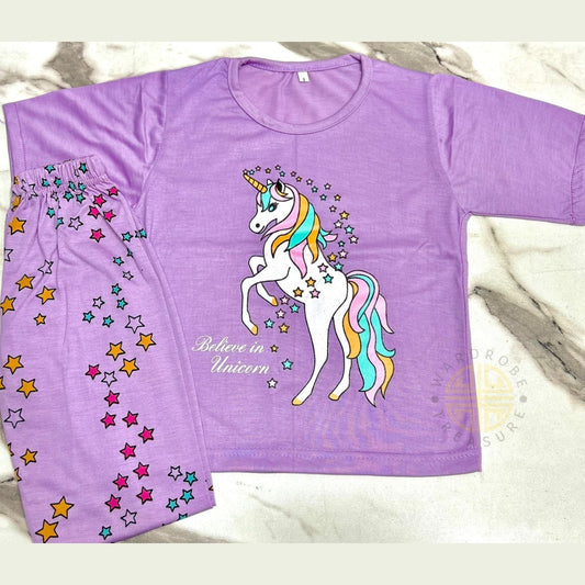 Lilac Unicorn Half Sleeves Printed T-Shirt with Multi Stars Printed Pajama For Kids