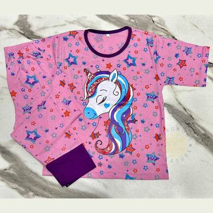 Pink Unicorn with All Over Stars Printed Half Sleeves Kids Suit