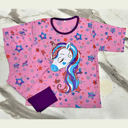 Pink Unicorn with All Over Stars Printed Half Sleeves Kids Suit