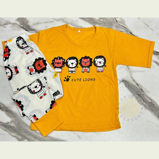 Yellow Cute Lion with White Lions Printed Half Sleeves Kids Suit