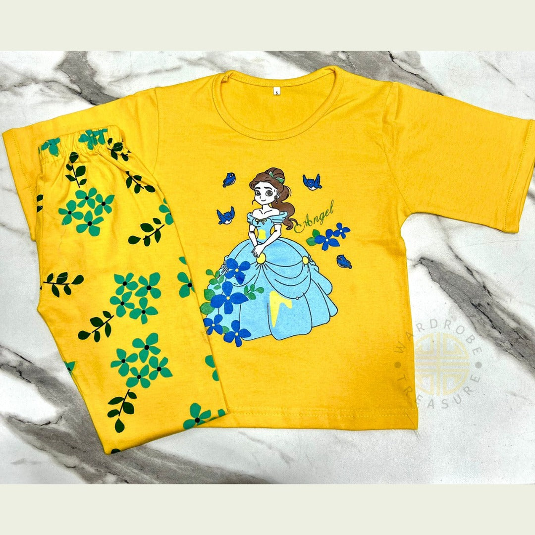 Yellow Princess with Flowers Printed Half Sleeves Kids Suit