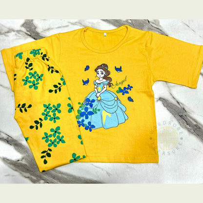 Yellow Princess with Flowers Printed Half Sleeves Kids Suit