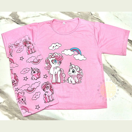 Baby Pink Unicorn with Rainbow Half Sleeves Printed T-Shirt with Rainbow Printed Pajama For Kids
