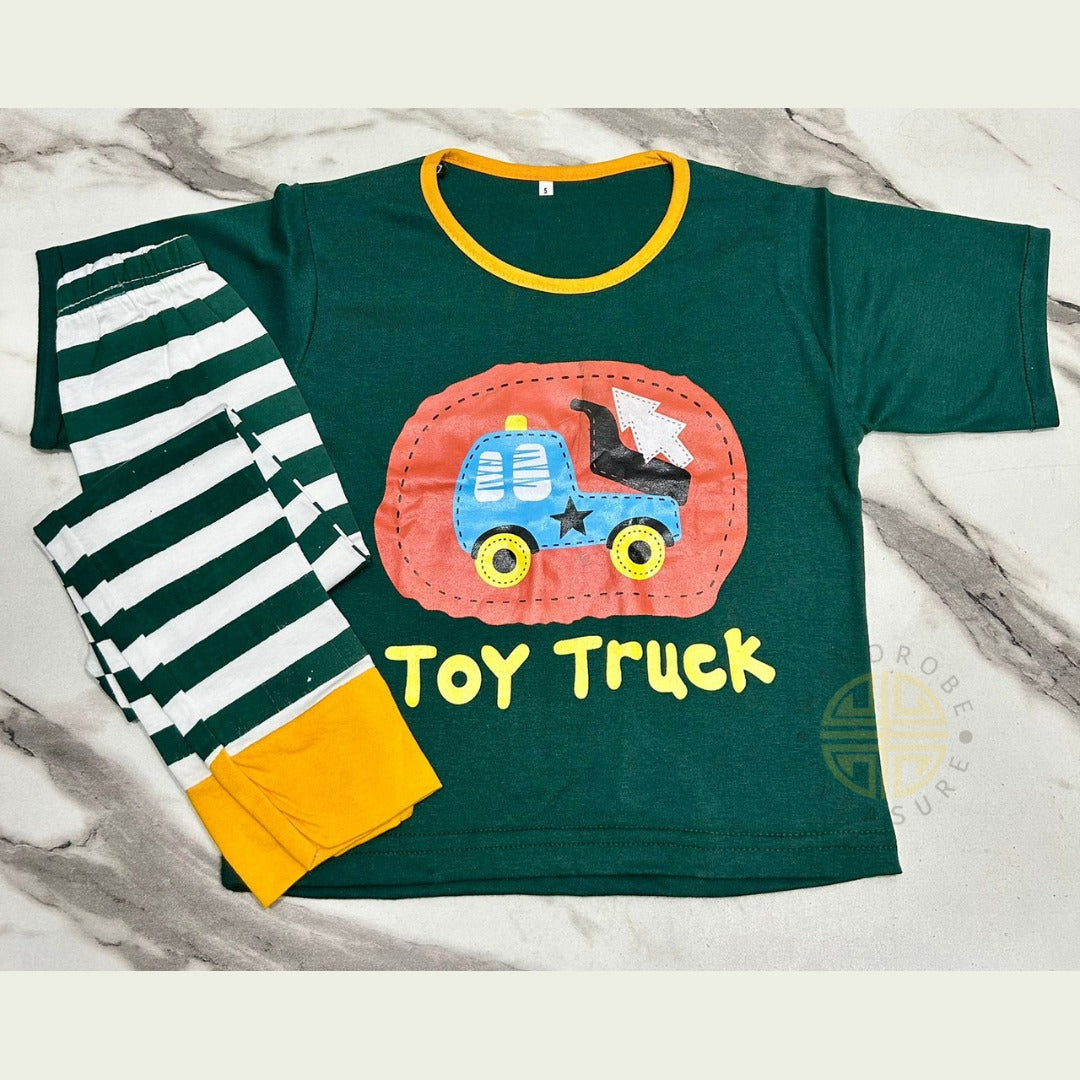 Dark Green Toy Tractor Half Sleeves Printed T-Shirt with Stripe Printed Pajama For Kids